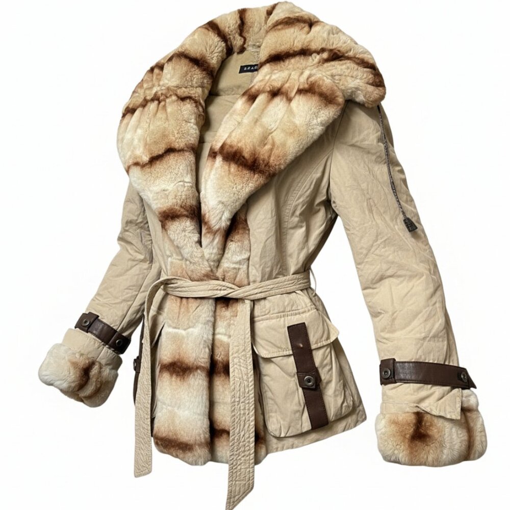 Searle Down Jacket w/ Rabbit Fur Hood & Leather Trim – Size 8